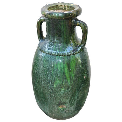 Vintage Moroccan Tamgroute Green Olive Jar with Handles