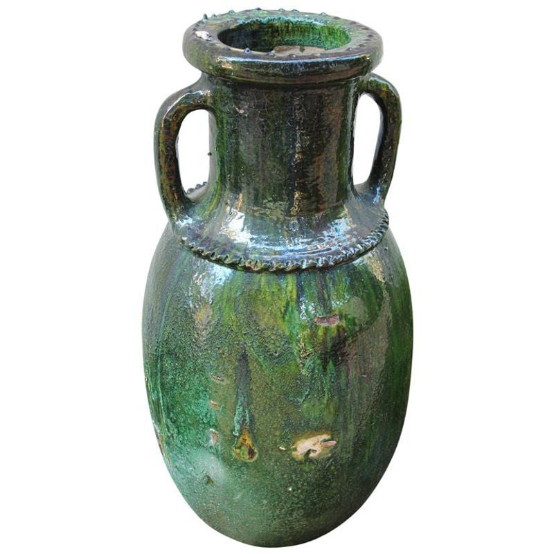 Moroccan Vintage Tamgroute Green Olive Jar with Handles