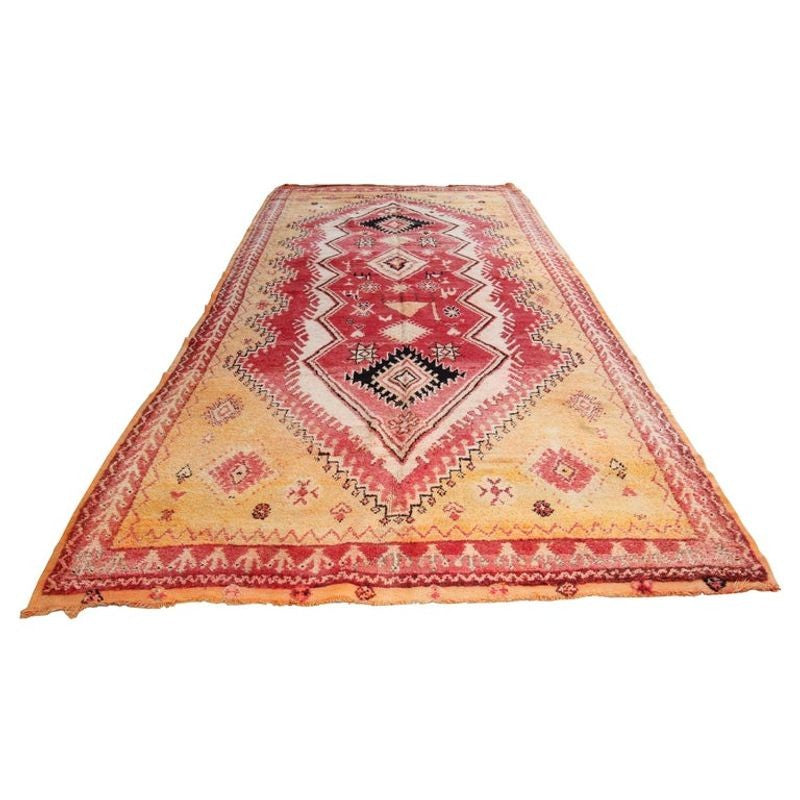 Vintage Moroccan Berber Rug in Saffron, Coral and Black, 71 x 145 in, 1960s