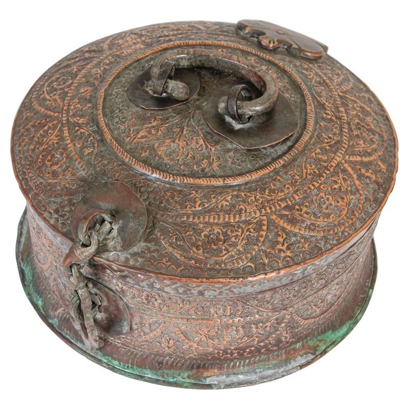 Large Decorative Indian Mughal Round Copper Box with Lid