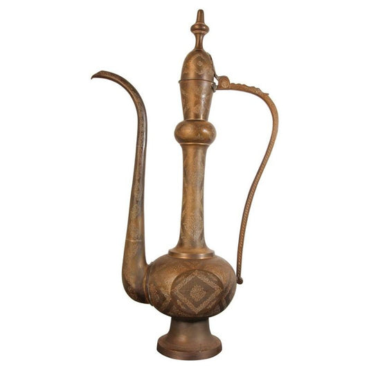 Handcrafted Oversized Brass Ewer, Mughal Style, Floral Etching, 1950