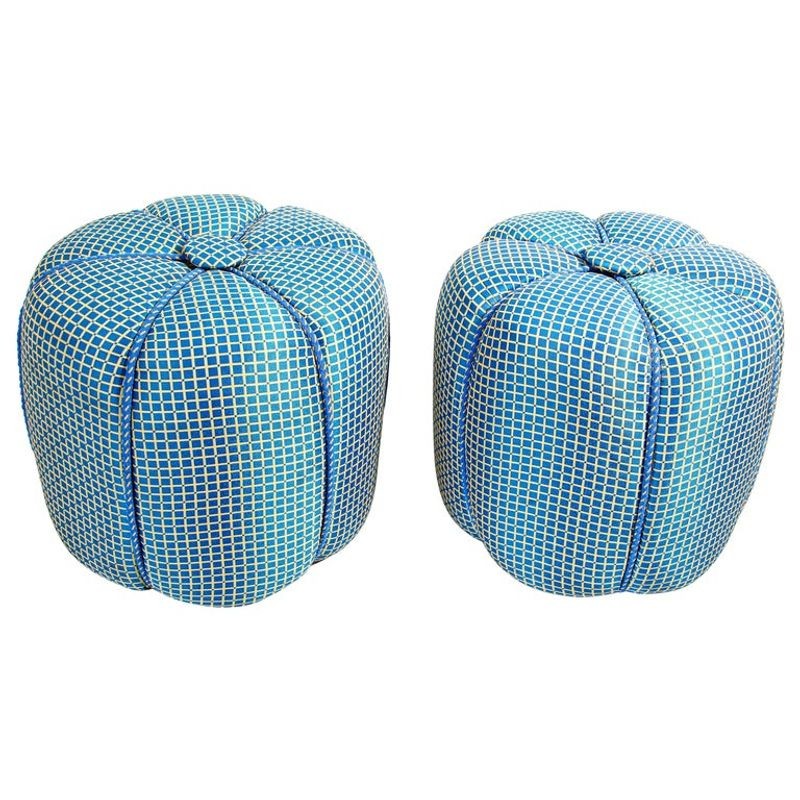 Pair of Vintage Art Deco Pouf Turquoise Upholstered Round Stool