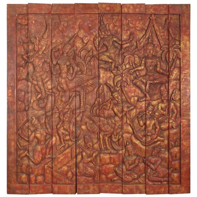 Antique Monumental Asian Hand-Carved Wooden Decorative Panel