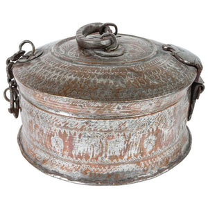 Large Decorative Asian Round Copper Bronze Box with Lid
