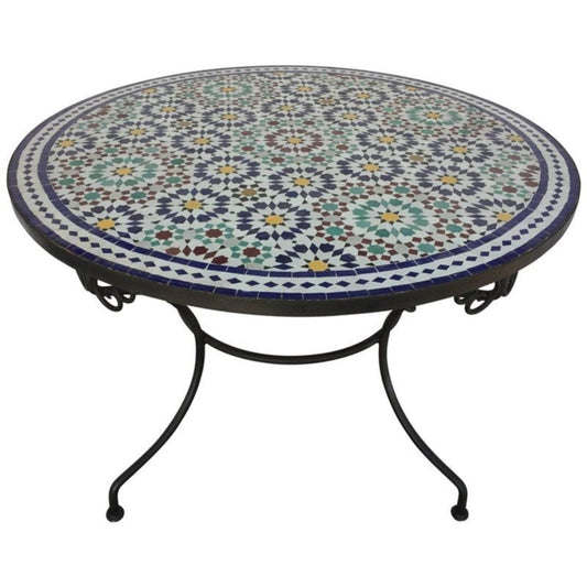 Moroccan Round Mosaic Tile Table, Handcrafted in Fez, Iron Base, 1980