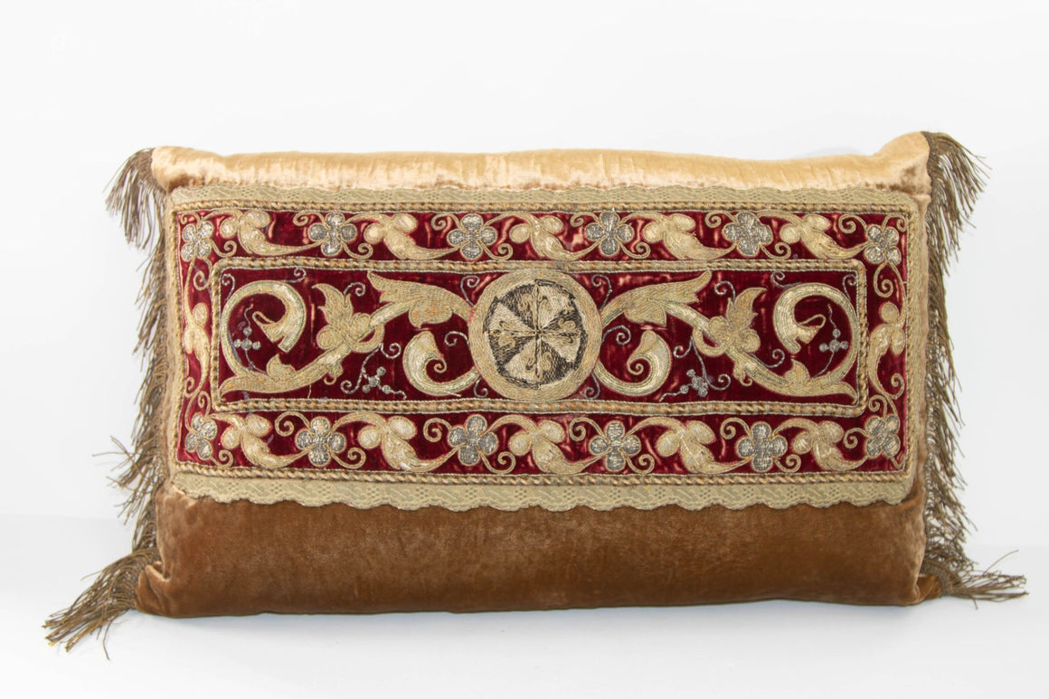 Antique Silk Velvet Lumbar Pillow with Metallic Gold Threads