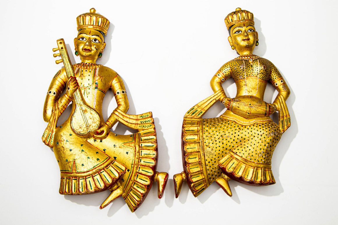 Hand Carved Wood Rajasthani Female Musicians Wall Sculptures from India Set of 2