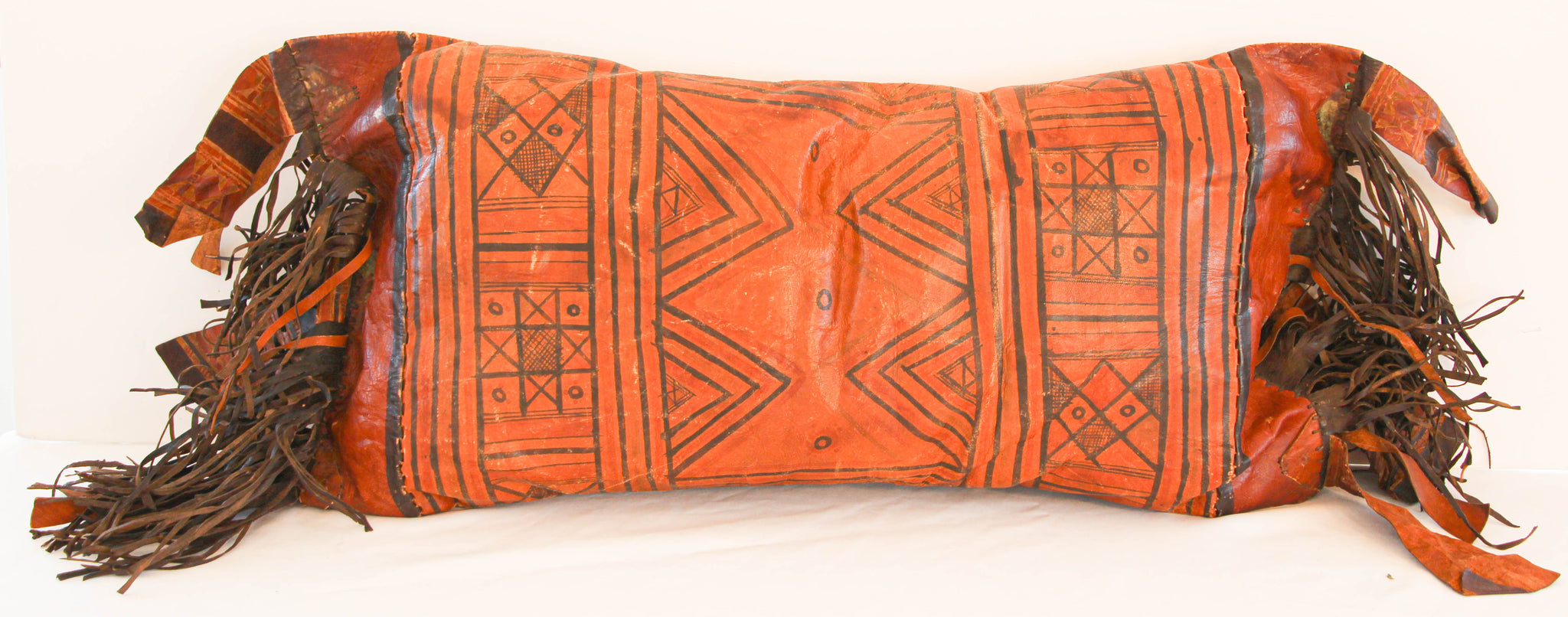 African Tuareg Hand-Tooled Leather Pillow with Fringes