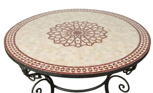 Moroccan Outdoor Round Mosaic Tile Dining Table on Iron Base 47 in.
