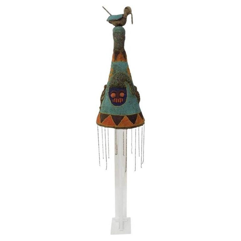Yoruba Blue and White Beaded Crown on Stand with Birds - Item: 10502