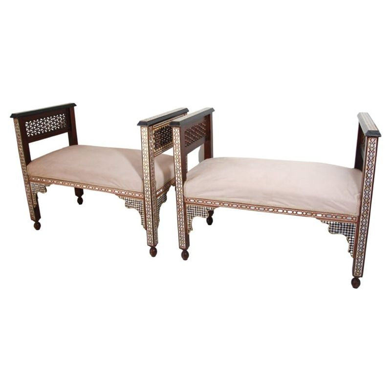 Antique Moroccan Benches with Mosaic White Shell Inlay a Pair