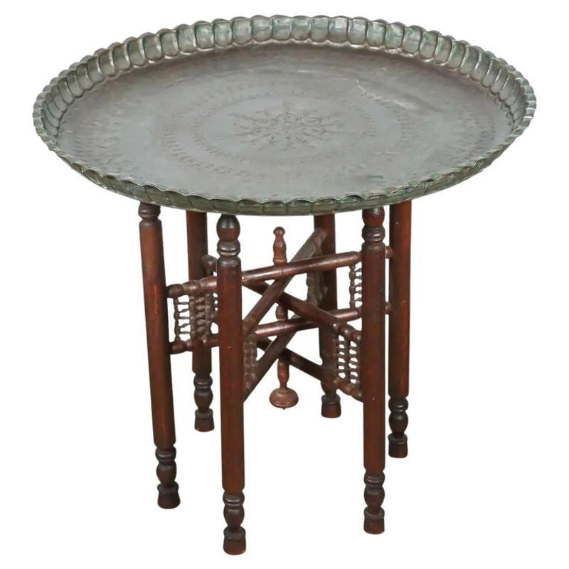 Turkish Tin Copper Tray Table on Wooden Folding Stand