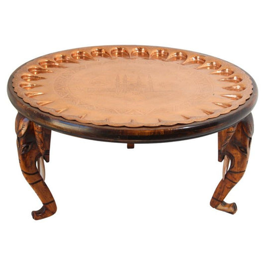 Moorish Copper Tray Table with Wooden Elephant Base, Turkey, 1900