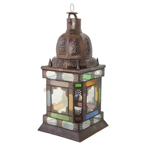 Moroccan Moorish Metal Lantern with Multicolor Glass
