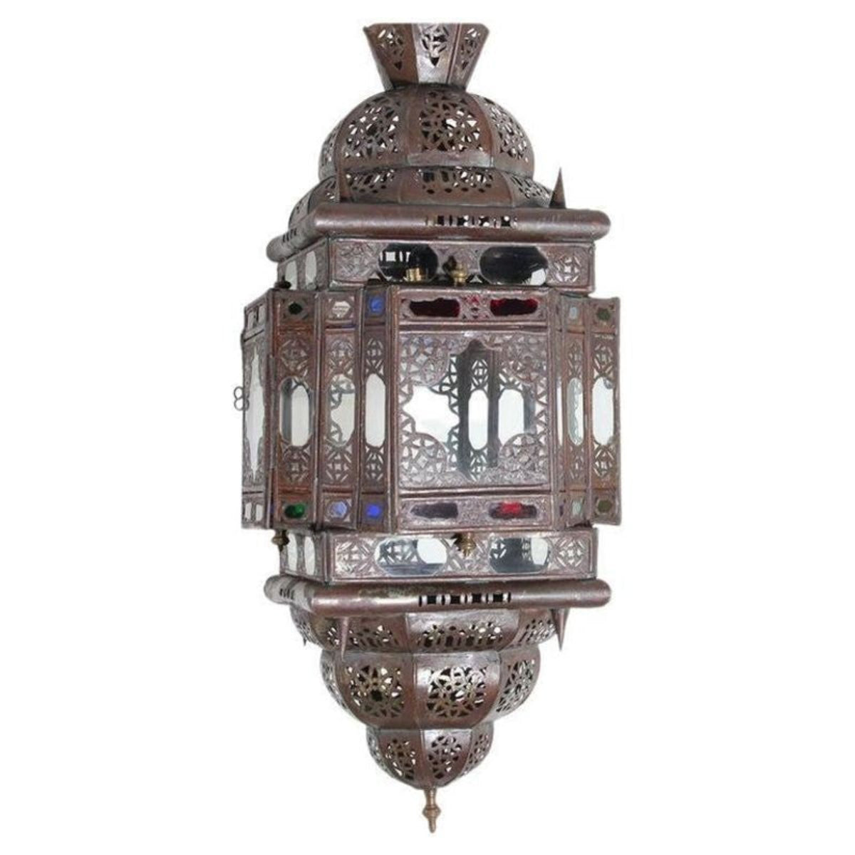 Vintage Moroccan Moorish Bronze Metal & Multicolor Glass Hanging Lantern