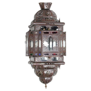 Vintage Moroccan Moorish Bronze Metal & Multicolor Glass Hanging Lantern