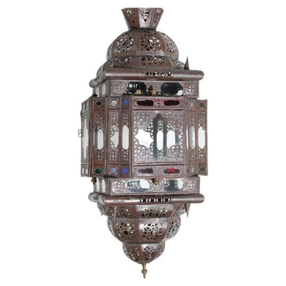 Vintage Moroccan Moorish Bronze Metal & Multicolor Glass Hanging Lantern