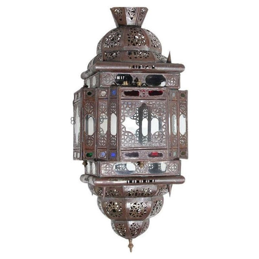 Vintage Moroccan Moorish Bronze Metal & Multicolor Glass Hanging Lantern