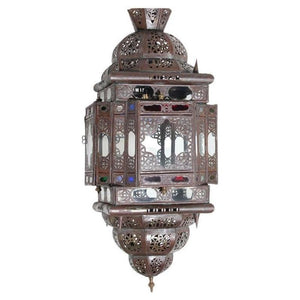 Vintage Moroccan Handcrafted Lantern Ceiling Light with Multi-Color Glass