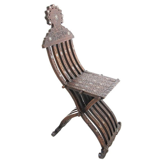 Moorish Folding Chair, Walnut Wood, Mother of Pearl Inlay, Egypt, 1880
