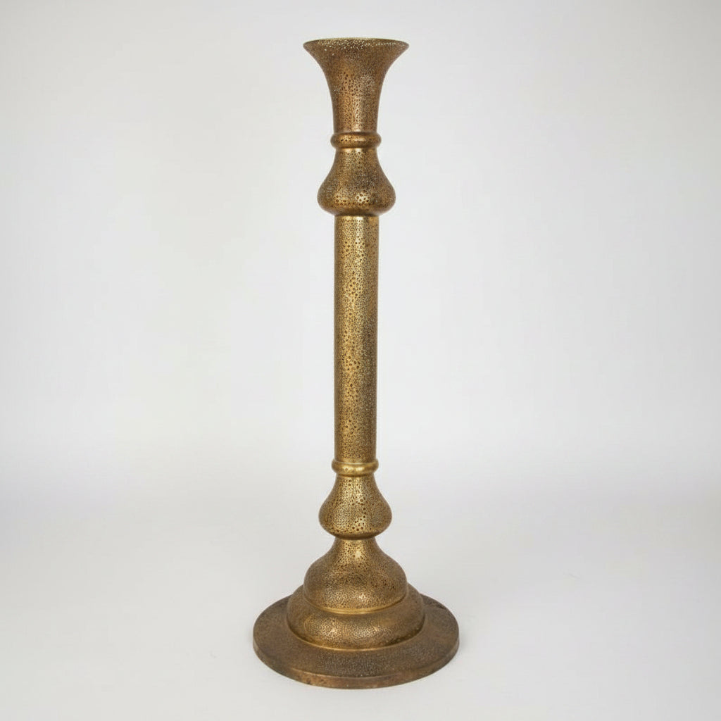 Antique brass candleholder floor lamp with Kufic Moorish revival pierced foliate openworks and Persian calligraphy.
