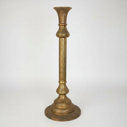 Antique brass candleholder floor lamp with Kufic Moorish revival pierced foliate openworks and Persian calligraphy.