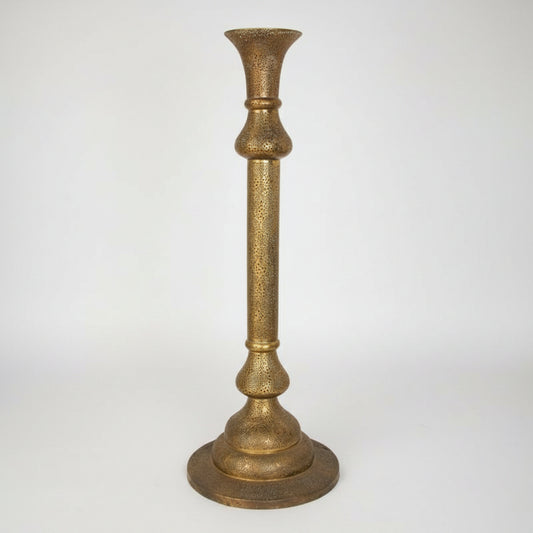 Antique brass candleholder floor lamp with Kufic Moorish revival pierced foliate openworks and Persian calligraphy.