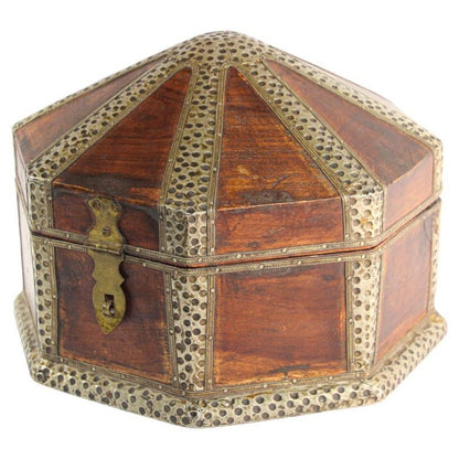 Large Asian Decorative Wooden Jewelry Box with Hammered Brass Metal Overlay