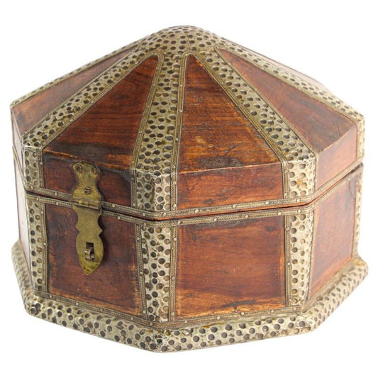 Large Asian Decorative Wooden Jewelry Box with Hammered Brass Metal Overlay