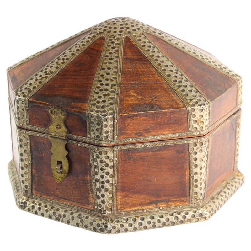 Large Asian Decorative Wooden Jewelry Box with Hammered Brass Metal Overlay