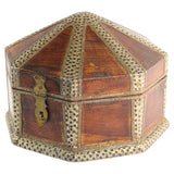 Large Asian Decorative Wooden Jewelry Box with Hammered Brass Metal Overlay