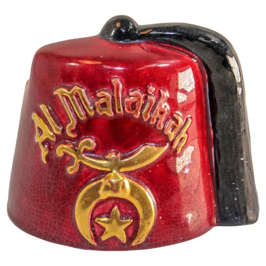 Vintage Masonic Shriner Ceramic Vase, Burgundy Fez, 1970s USA