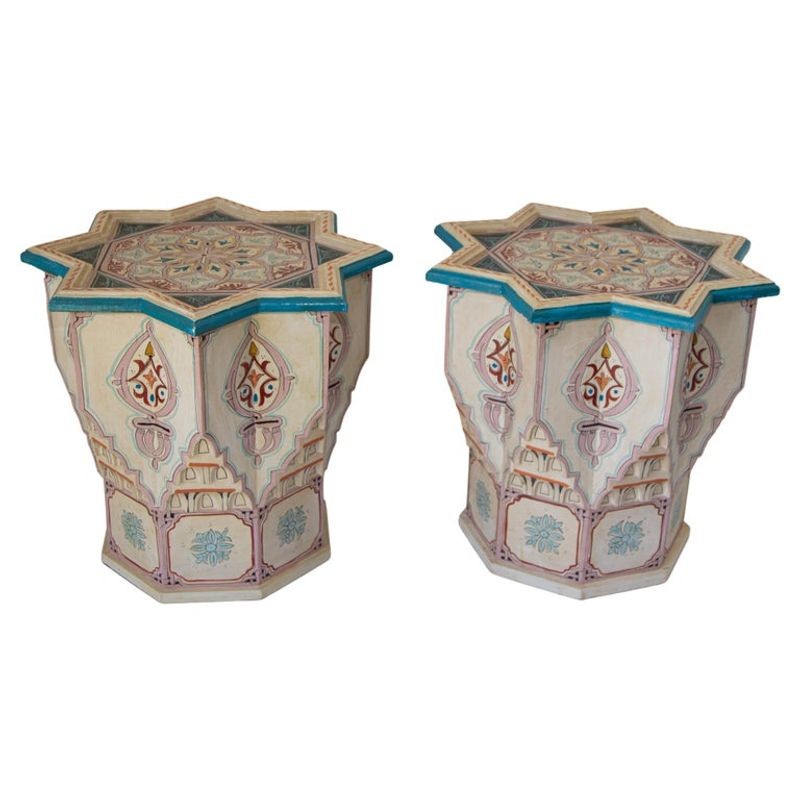 Moroccan Moorish Star Shape Ivory Side Tables a Pair