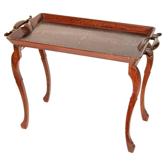 Vintage Anglo-Indian Tray Table, Hand-Carved Rosewood & Brass, 1950