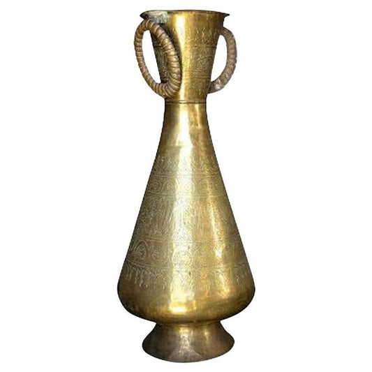 Large Islamic Brass Calligraphic Two-Handled Vase, circa 1920