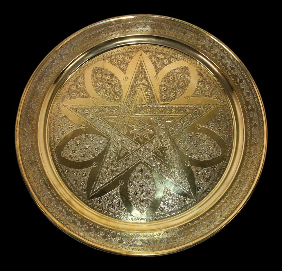 Antique Moroccan Brass Tray Star Etched Collectible Polished Platter 22.5 in. D.