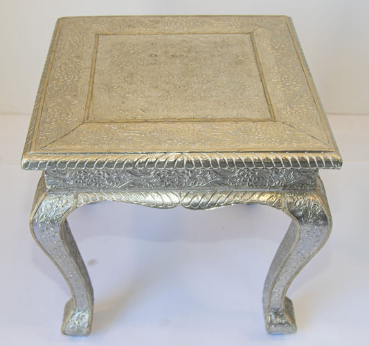 Vintage Anglo-Indian Low Table, Silver Clad Wood, Hand-Hammered, 1950