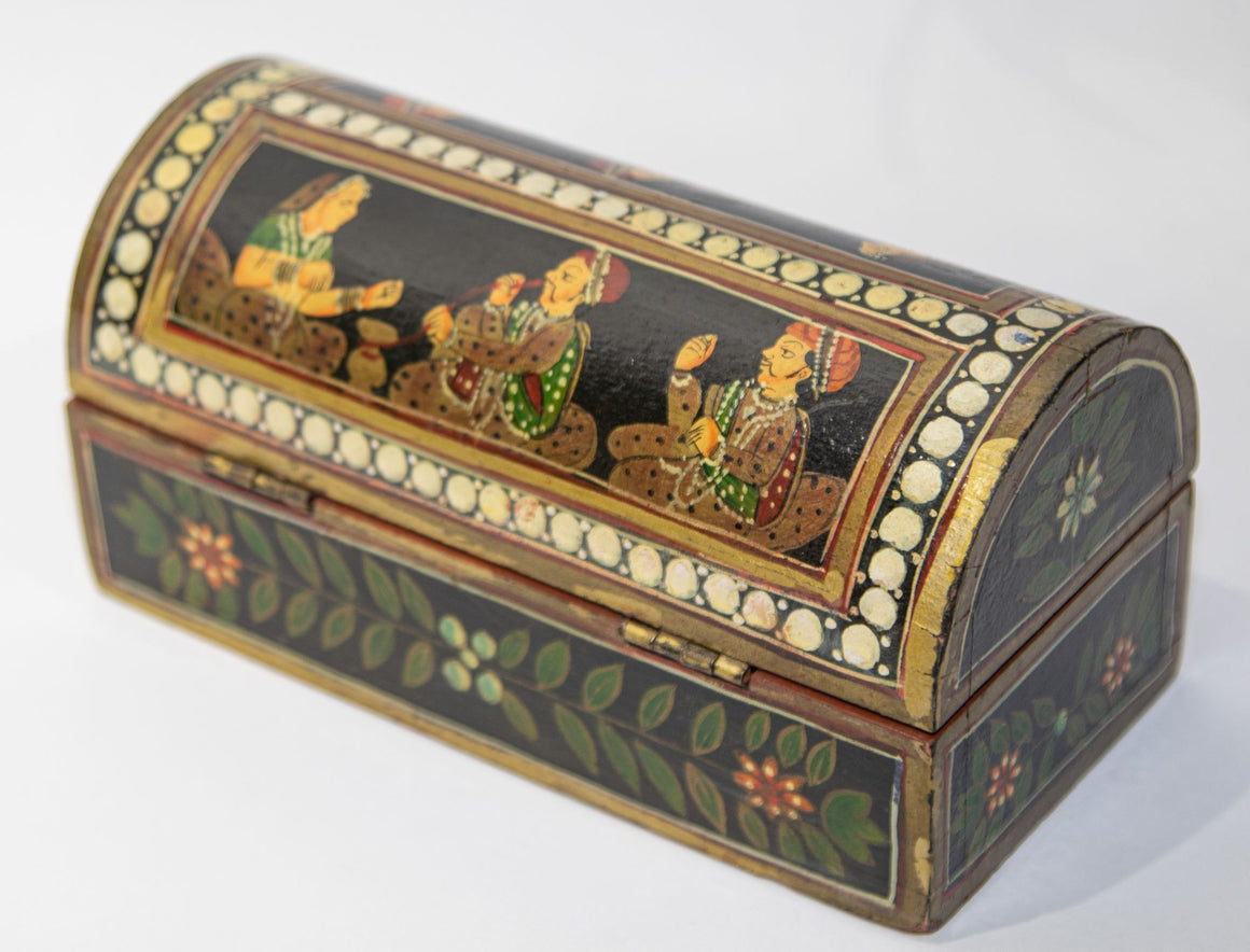 Indian Wood Pen Box with Hand Painted Figural Scenes
