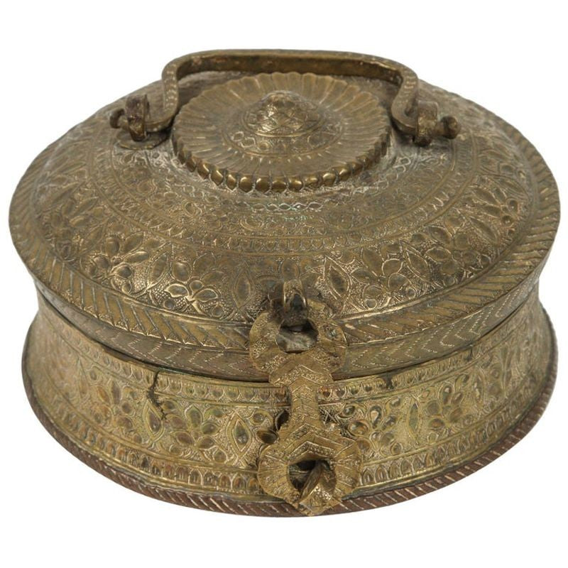19th C. Asian Brass Betel Nut Pandan Box with Lid, Northern India