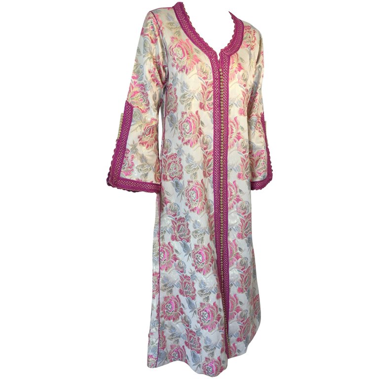 Vintage Moroccan Kaftan Brocade Embroidered with Pink and Gold Trim