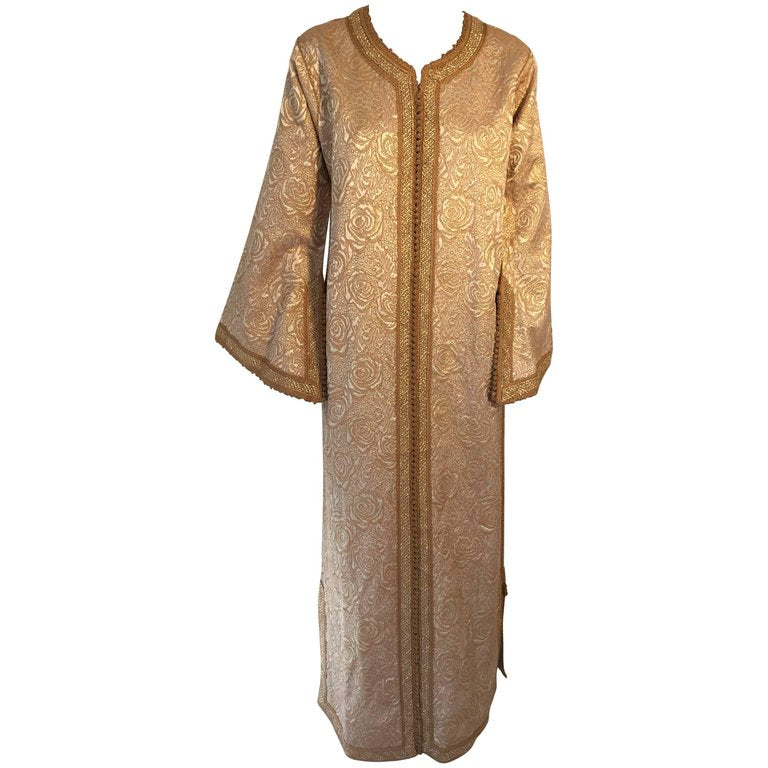 Moroccan Caftan in Gold Bronze Metallic Brocade, Maxi Gown Dress