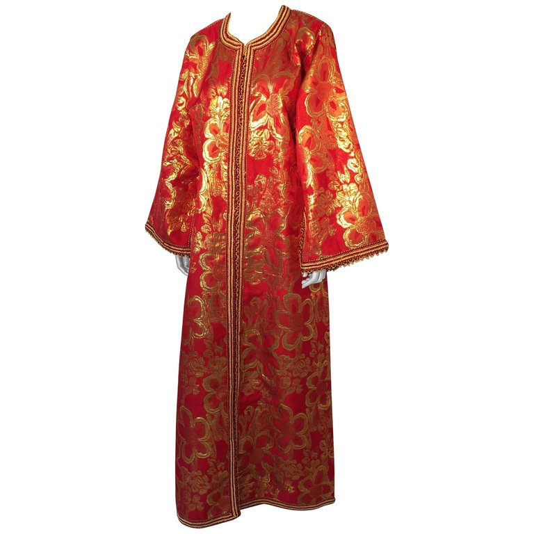 Vintage Moroccan Kaftan 1970s Red and Gold Floral Brocade Caftan Maxi