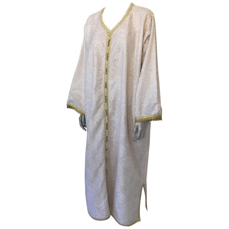 Moroccan Vintage Caftan in White and Gold Lace 1970s Kaftan Maxi Dress