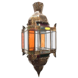 Moroccan Brass Light Fixture with Amber Colored Stained Glass