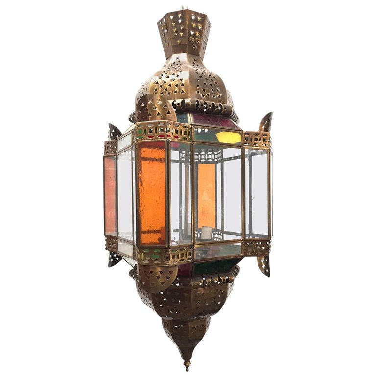 Moroccan Brass Light Fixture with Amber Colored Stained Glass