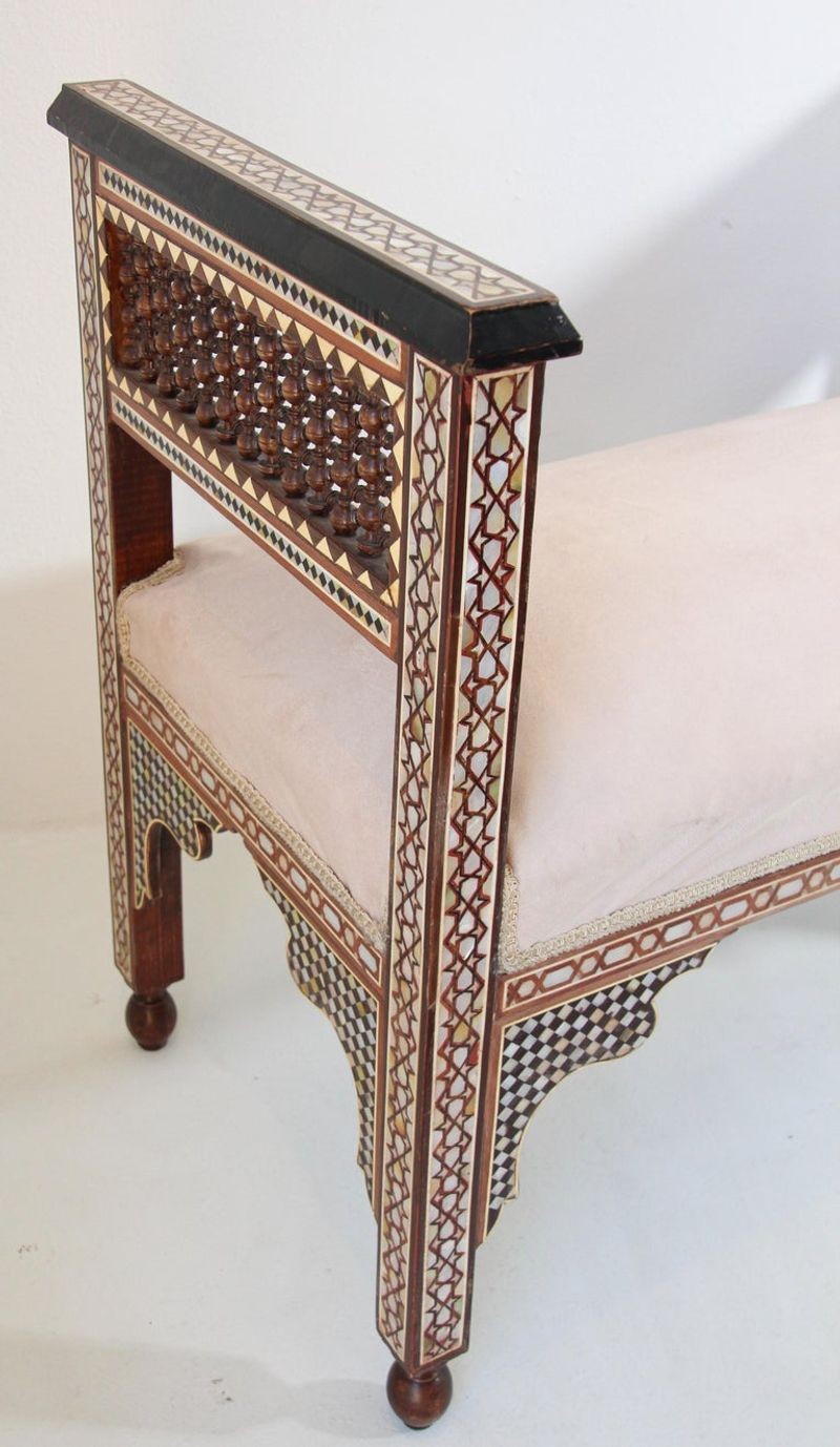 Antique Moroccan Benches with Mosaic White Shell Inlay a Pair