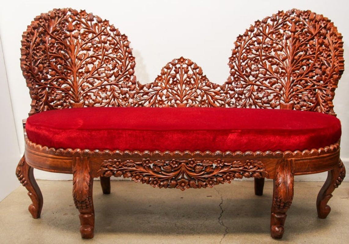 Anglo-Raj Settee with Open Back Hand Carved Tree of Life Back