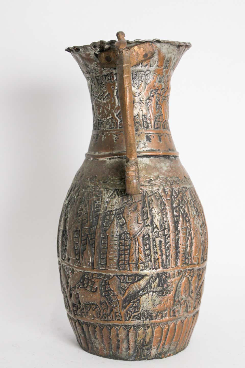 Antique 19th Century Moorish Tinned Copper Ewer, Hand-Hammered, Turkey