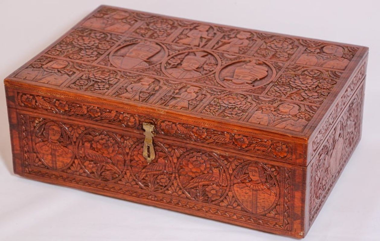 Large Early 19th Century Antique Hand Carved Wooden Mughal Decorative Box