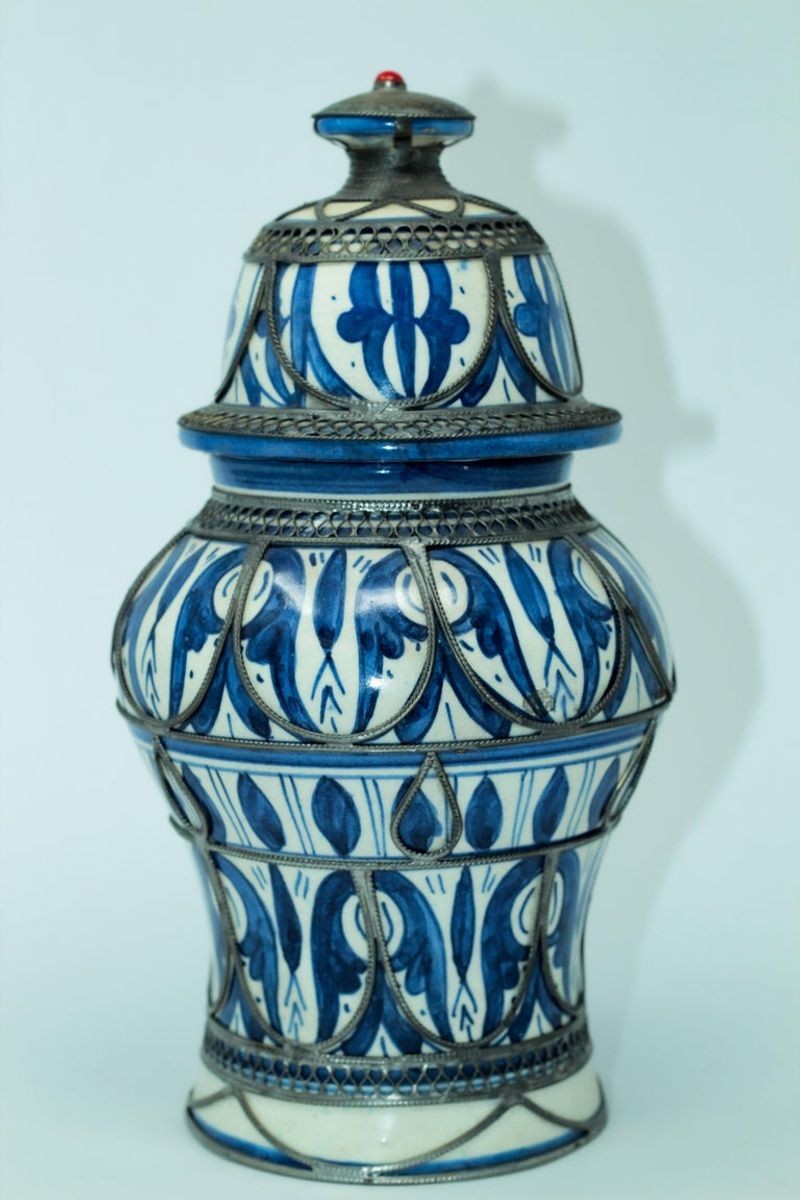 Moroccan Ceramic Vase from Fez Blue and White with Silver Filigree